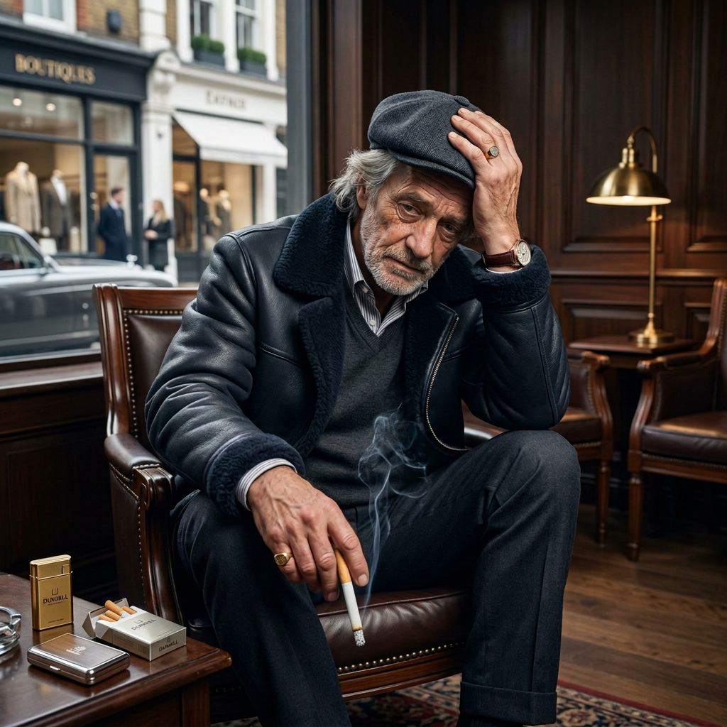 Weary man sitting on sidewalk and smoking beside a brick wall